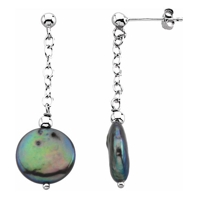 Sterling Silver 12-13 mm Freshwater Cultured Black Coin Pearl Earrings