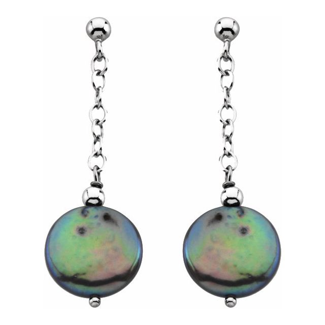 Sterling Silver 12-13 mm Freshwater Cultured Black Coin Pearl Earrings