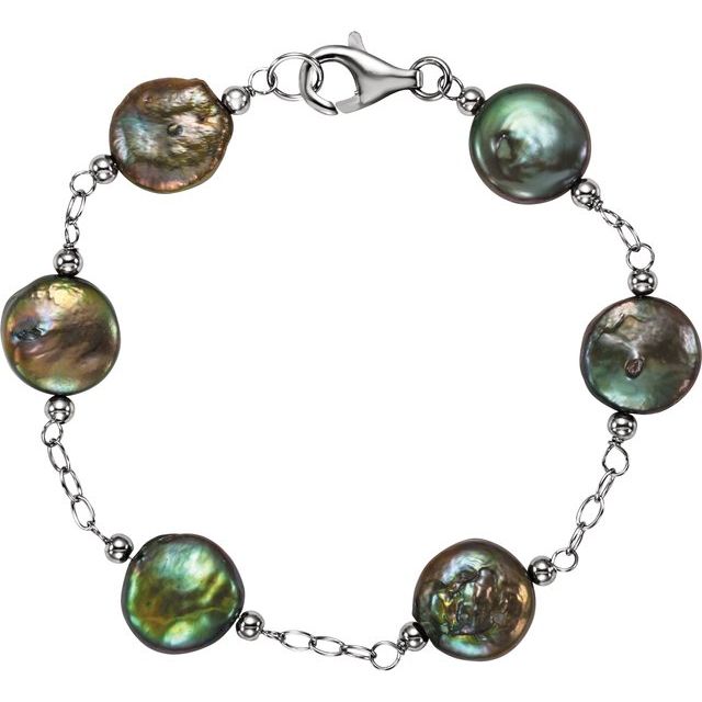 Sterling Silver Freshwater Cultured Black Coin Pearl 7.5" Station Bracelet