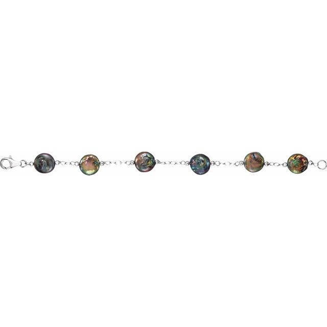Sterling Silver Freshwater Cultured Black Coin Pearl 7.5" Station Bracelet