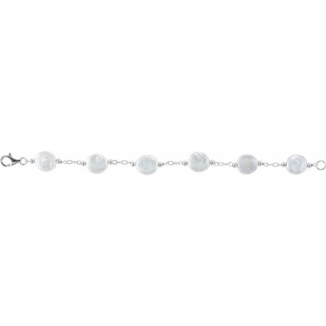 Sterling Silver Freshwater Cultured White Coin Pearl 7.5" Station Bracelet