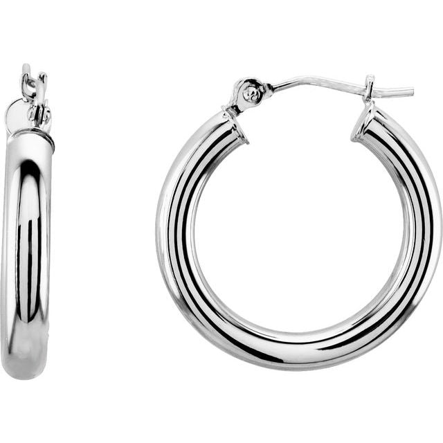 14K White Gold 3 mm Wide Hoop Earrings, Round Profile