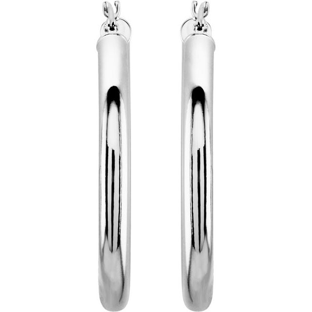 14K White Gold 3 mm Wide Hoop Earrings, Round Profile