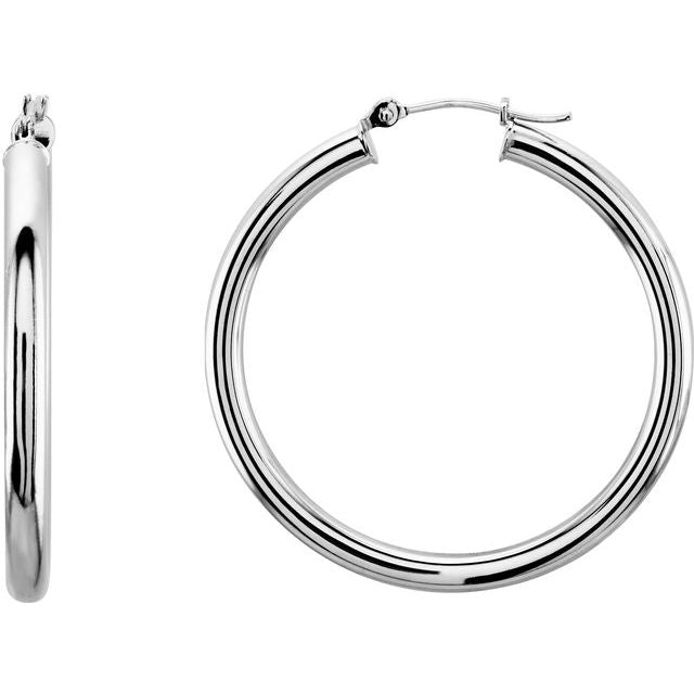 14K White Gold 3 mm Wide Hoop Earrings, Round Profile