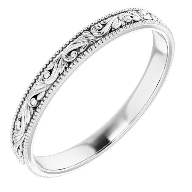 Platinum Design-Engraved Wedding Band, 3.2 mm Wide