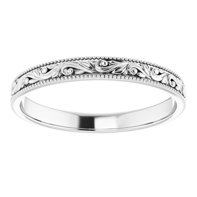 14K White Gold Design-Engraved Wedding Band, 3.2 mm Wide