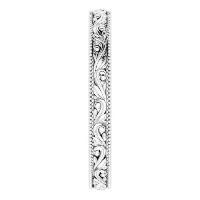 14K White Gold Design-Engraved Wedding Band, 3.2 mm Wide