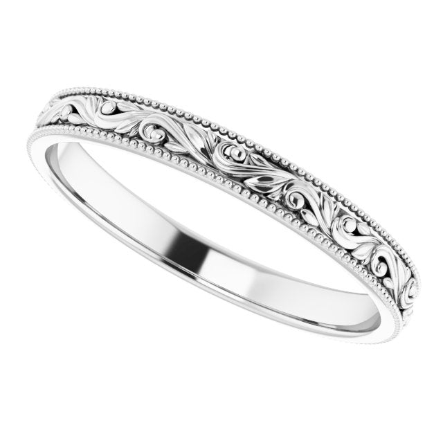 14K White Gold Design-Engraved Wedding Band, 3.2 mm Wide