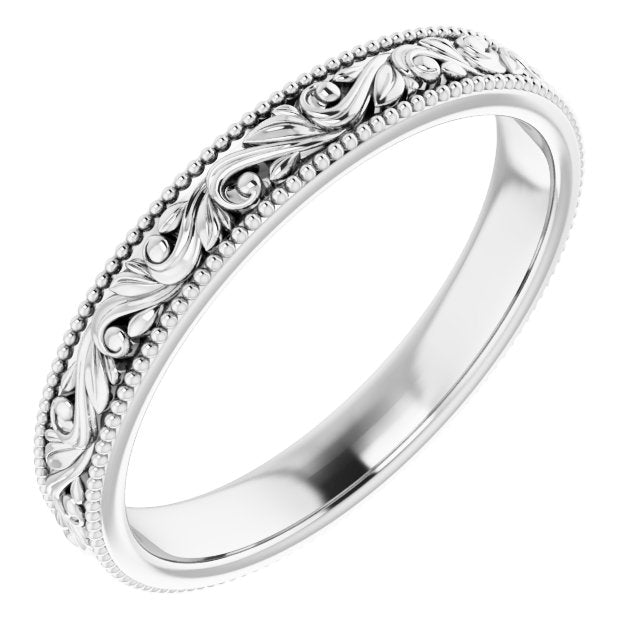 14K White Gold Design-Engraved Wedding Band, 3.2 mm Wide