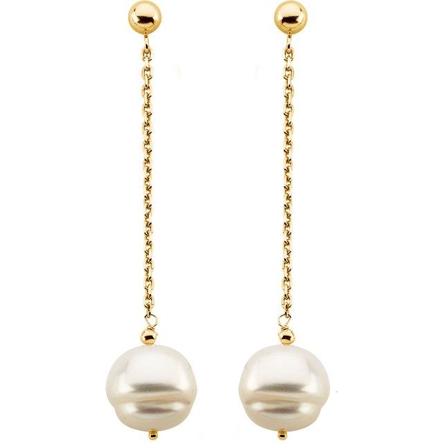 14K Yellow Gold 9-11 mm Freshwater Cultured Pearl Dangle Earrings