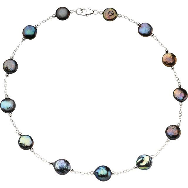 Sterling Silver Freshwater Cultured Black Coin Pearl 18" Station Necklace