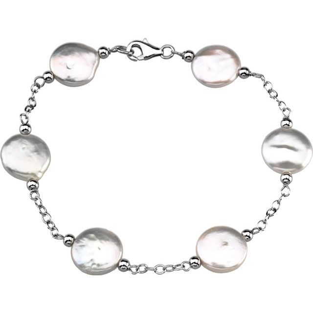 Sterling Silver Freshwater Cultured White Coin Pearl 7.5" Station Bracelet