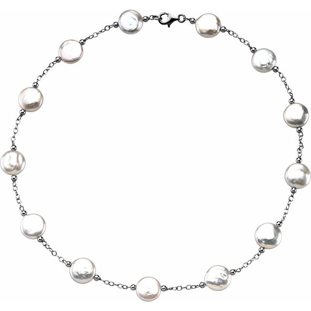 Sterling Silver Cultured White Coin Pearl 18" Station Necklace