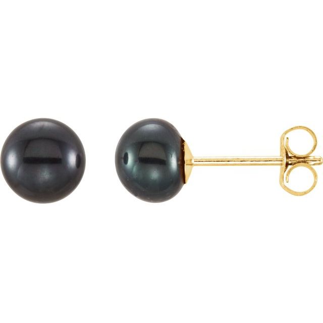 14K Yellow Gold Cultured Black Freshwater Pearl Stud Earrings