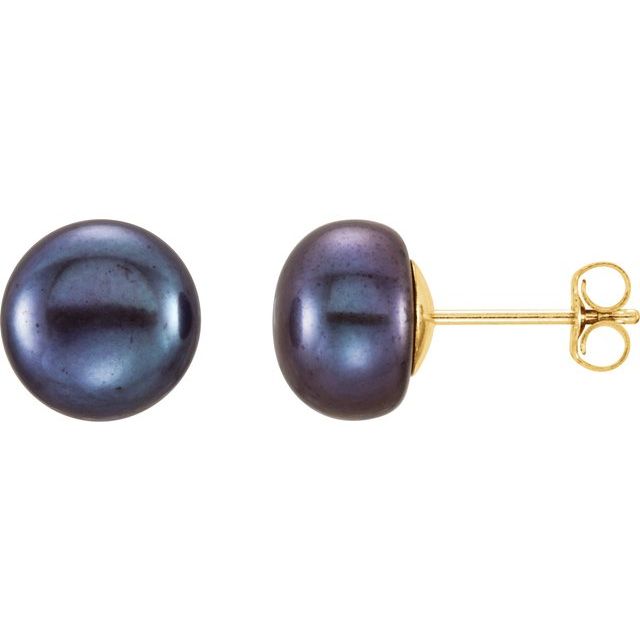 14K Yellow Gold Cultured Black Freshwater Pearl Stud Earrings