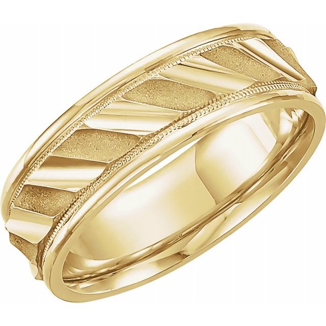 14K Yellow Gold Ridged Wedding Band with Milgrain Edge, 6.75 mm Wide