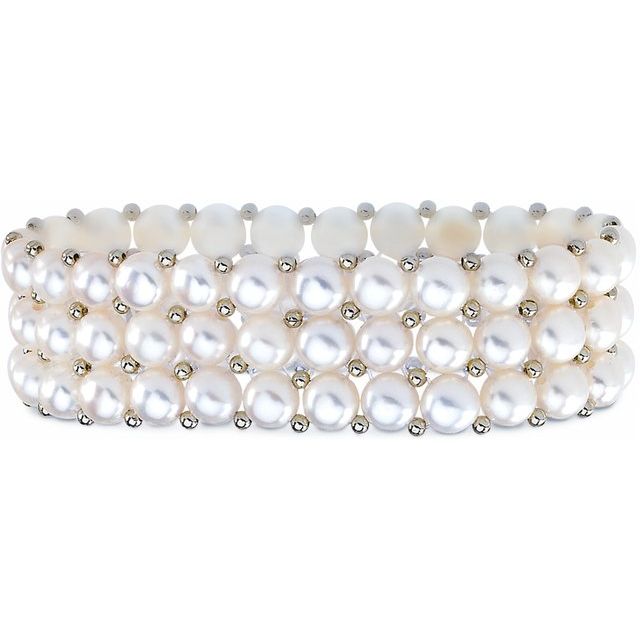 Sterling Silver Cultured White Pearl 3 Row Stretch Bracelet