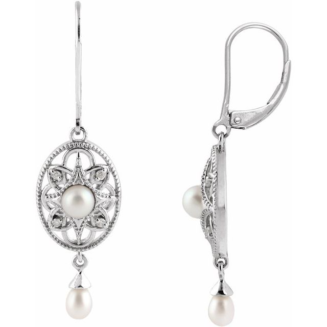 Sterling Silver & Cultured Freshwater Pearl .05 CTW Diamond Earrings