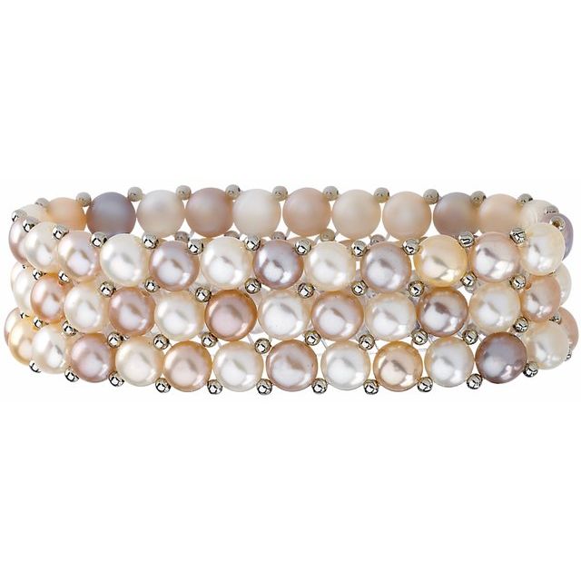 Sterling Silver Cultured Light Multi-Colored Pearl 3 Row Stretch Bracelet