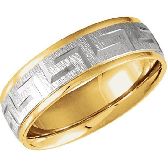 14K Yellow & White Gold Two-Tone Greek Key Pattern Band, 7 mm Wide