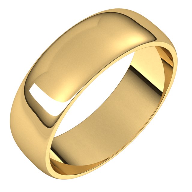 14K Yellow Gold Half Round Light Wedding Band, 6 mm Wide