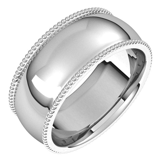 10K White Gold Beaded Comfort Fit Wedding Band, 8 mm Wide