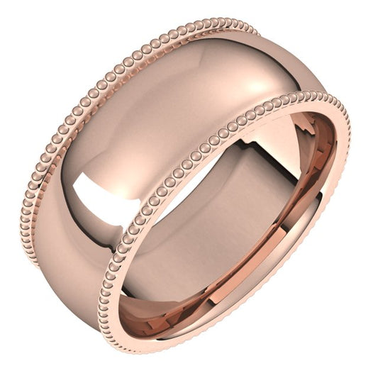 10K Rose Gold Beaded Comfort Fit Wedding Band, 8 mm Wide