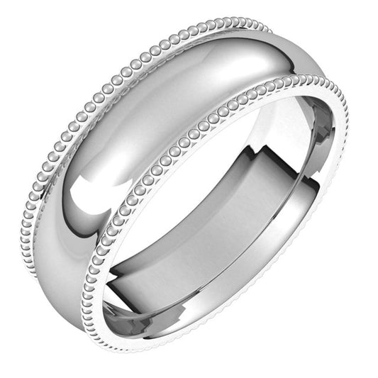 18K White Gold Beaded Comfort Fit Wedding Band, 6 mm Wide
