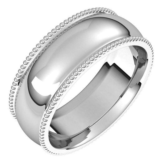18K White Gold Beaded Comfort Fit Wedding Band, 7 mm Wide