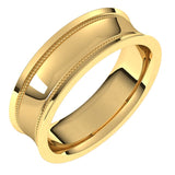 10K Yellow Gold Milgrain Concave with Edge Wedding Band, 6 mm Wide