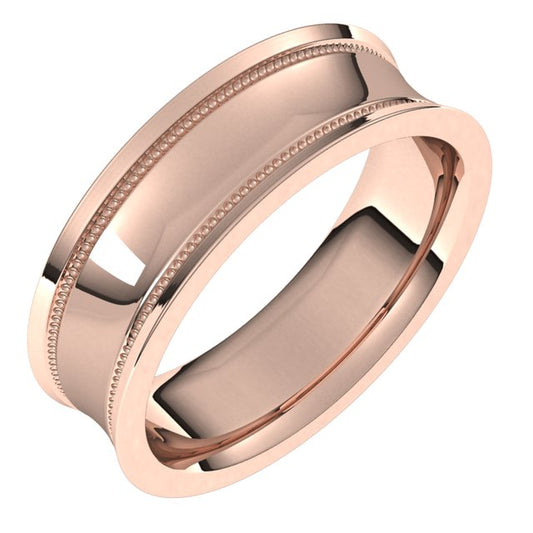 18K Rose Gold Milgrain Concave with Edge Wedding Band, 6 mm Wide