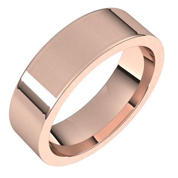 18K Rose Gold Flat Comfort Fit Wedding Band, 6 mm Wide