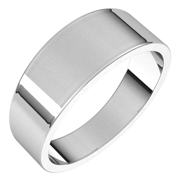 18K White Gold Flat Tapered Wedding Band, 7 mm Wide