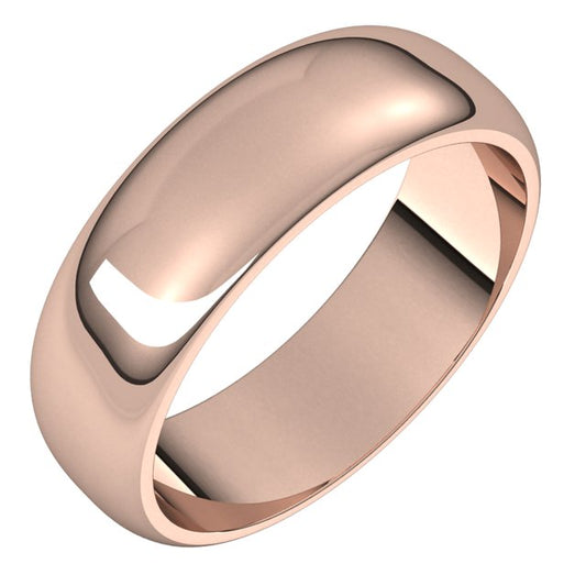 10K Rose Gold Half Round Wedding Band, 6 mm Wide