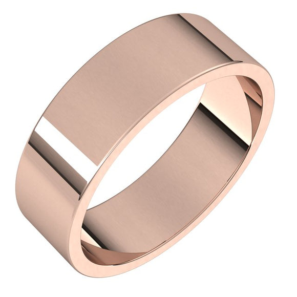 14K Rose Gold Flat Wedding Band, 6 mm Wide