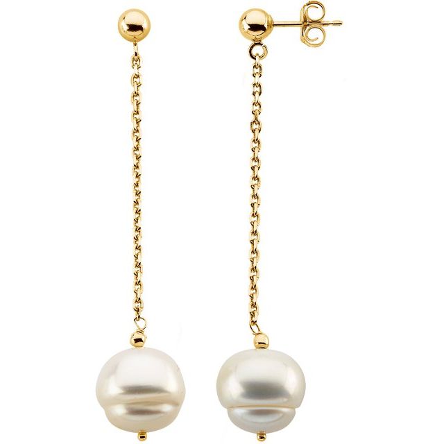 14K Yellow Gold 9-11 mm Freshwater Cultured Pearl Dangle Earrings